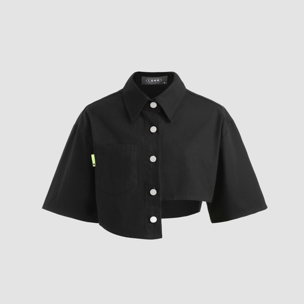 Cider Medium Black Asymmetrical Hem Top Blouse pocket collar goth grunge buttons